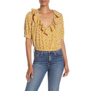 Abound Ruffled Crop Top Size M V-Neck Elastic Waist Floral Goldenrod NWT B39
